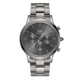 Iconic Chronograph Link Graphite men's watch featuring a monochrome graphite stainless steel bracelet, sunray grey dial, and three chronograph sub-dials for stopwatch functionality.
