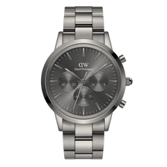 Iconic Chronograph Link Graphite men's watch featuring a monochrome graphite stainless steel bracelet, sunray grey dial, and three chronograph sub-dials for stopwatch functionality.