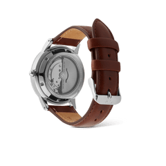 Rear view of the Iconic St Mawes Automatic Silver showing the exhibition case back with visible Japanese automatic movement and a brown Italian leather strap with chrome-free finish.