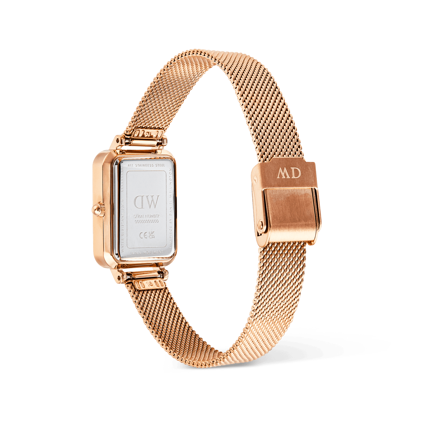 Quadro Melrose Roman Numerals Date watch showing the back of the rectangular case and rose gold mesh strap with a fold-over clasp, highlighting the stainless steel construction and adjustable fit.