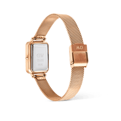 Quadro Melrose Roman Numerals Date watch showing the back of the rectangular case and rose gold mesh strap with a fold-over clasp, highlighting the stainless steel construction and adjustable fit.