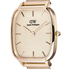 Close-up of the Marlon Melrose Linen men’s watch showing the linen-textured dial, slim rose gold hands, minimalist hour markers, and the polished cushion-shaped rose gold case.