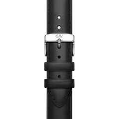 Smartwatch Strap Leather Silver in black genuine leather, featuring neat stitching, adjustable holes, and a polished silver buckle for a classic and comfortable fit.