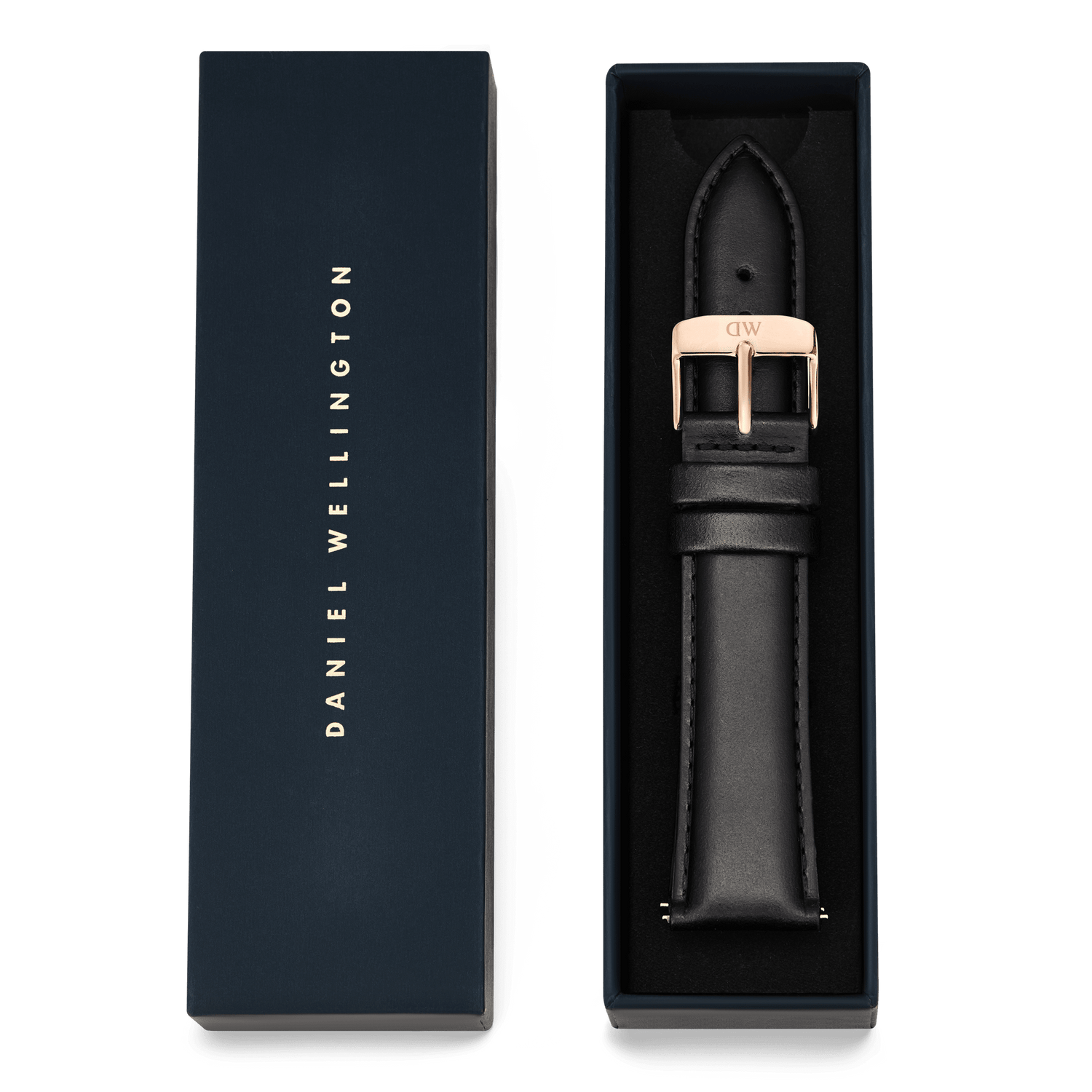 Tapered Sheffield Strap Rose Gold presented in a Daniel Wellington box, showing the black leather strap with polished rose gold buckle and refined stitching, ready as a gift or practical watch upgrade.