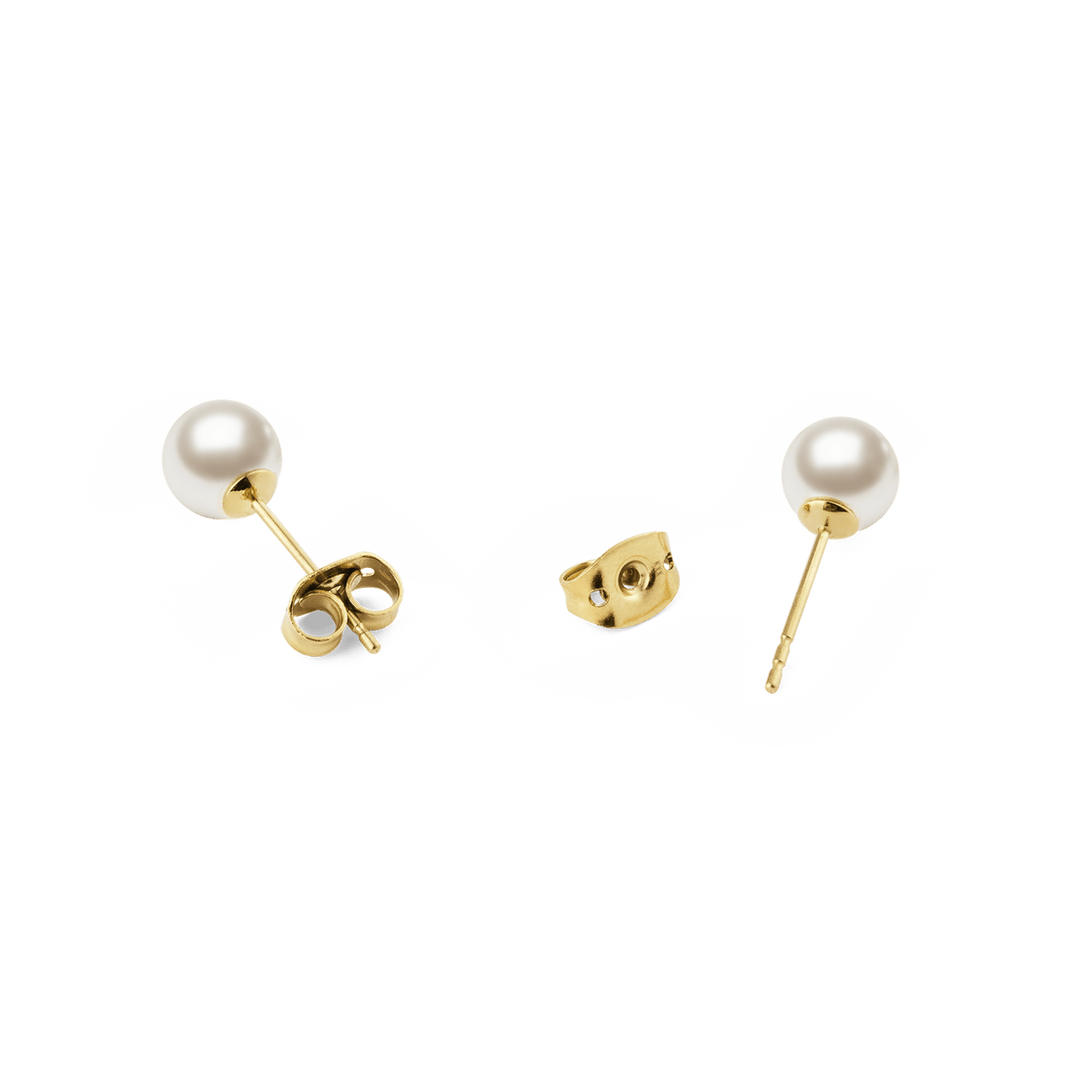 Pearl Stud Earring Gold set featuring 6 mm white Swarovski glass pearls on gold-tone stainless steel posts, shown with butterfly backs to highlight the secure and comfortable fastening.