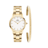 Daniel Wellington Iconic Link + Classic Bracelet Gold set featuring a gold watch with a white dial and matching gold link strap, paired with a slim gold cuff bracelet engraved with the Daniel Wellington logo.