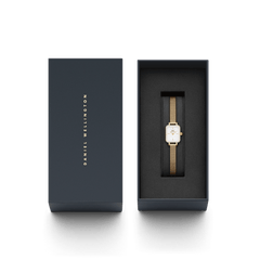 Quadro Mini Lumine Bezel Gold ladies watch with a gold mesh strap and crystal bezel, elegantly presented in a branded Daniel Wellington gift box.