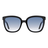 Grande Bio-Acetate Black Blue sunglasses with an oversized square black frame and blue gradient UV400 lenses, featuring a modern, elegant design suitable for women.