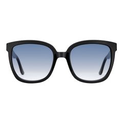 Grande Bio-Acetate Black Blue sunglasses with an oversized square black frame and blue gradient UV400 lenses, featuring a modern, elegant design suitable for women.