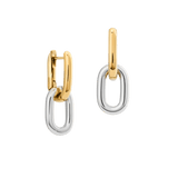 Two-tone gold and silver link earrings with a modern, chunky design, featuring polished gold hoops and removable silver links for versatile styling.