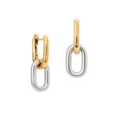 Two-tone gold and silver link earrings with a modern, chunky design, featuring polished gold hoops and removable silver links for versatile styling.