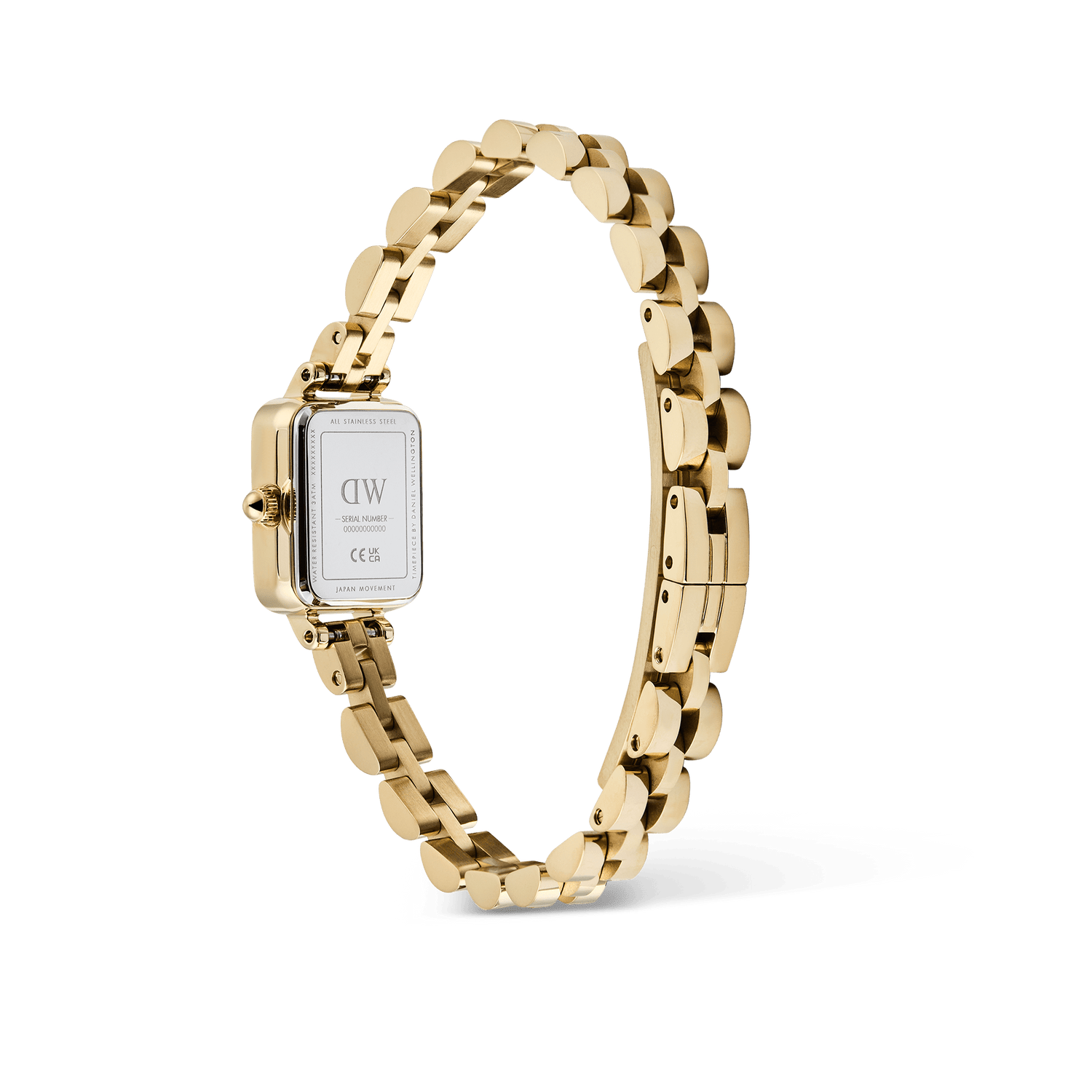Rear view of the Quadro Mini Arch 3-link Onyx Sunray Gold ladies watch, showing the stainless steel case back, polished gold-plated bracelet, and butterfly clasp.