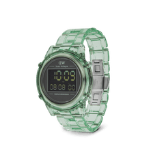 Daniel Wellington Retro Digital Light Green Light Green watch with a transparent light green link bracelet, round black digital dial, and stainless steel safety lock butterfly buckle, combining retro style with modern materials.