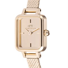Close-up of the Quadro Mini Reflection Rose Gold ladies watch, highlighting its mirror-effect dial, slim rectangular case, and polished rose gold mesh strap.