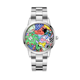 Limited edition Steven Harrington x Daniel Wellington Iconic Link Multicolor watch featuring a vibrant pop-art dial with signature illustrations, set in a polished silver stainless steel case and bracelet.