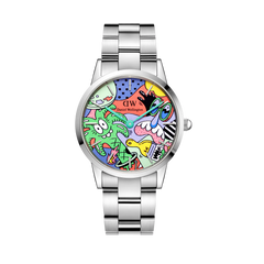 Limited edition Steven Harrington x Daniel Wellington Iconic Link Multicolor watch featuring a vibrant pop-art dial with signature illustrations, set in a polished silver stainless steel case and bracelet.