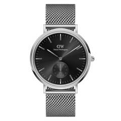 Classic Multi-Eye Sterling Onyx men's watch with a 40mm black dial, minimalist face, silver mesh strap, and seconds subdial, featuring a polished stainless steel case and adjustable band.