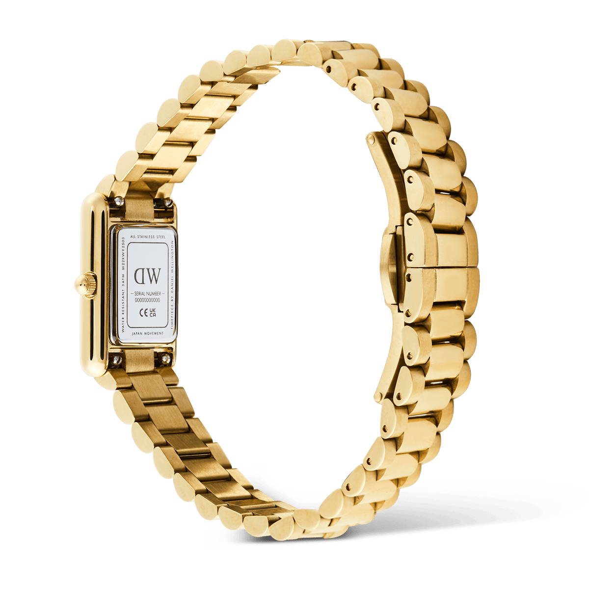 Back view of the Bound Mini 3-Link Gold watch showing the stainless steel case back, gold rectangular case, and the classic 3-link gold bracelet with butterfly clasp.