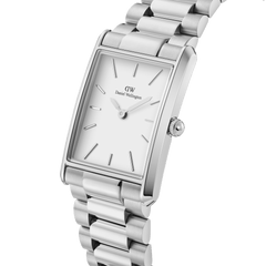 Bound 3-Link Silver watch with a rectangular stainless steel case, minimalist white dial, and polished three-link silver bracelet, shown in a close-up angled view highlighting its slim profile and modern design.