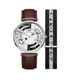 Limited edition Steven Harrington x Daniel Wellington watch set featuring a brown leather strap, silver case, and illustrated black and white dial, paired with an interchangeable black and white NATO strap with eye-print motif.