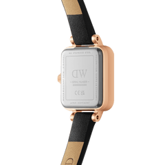 Back view of the Quadro Mini Sheffield Rose Gold watch showing the stainless steel case, rose gold plating, and genuine black leather strap, highlighting its quality craftsmanship and Japanese movement.