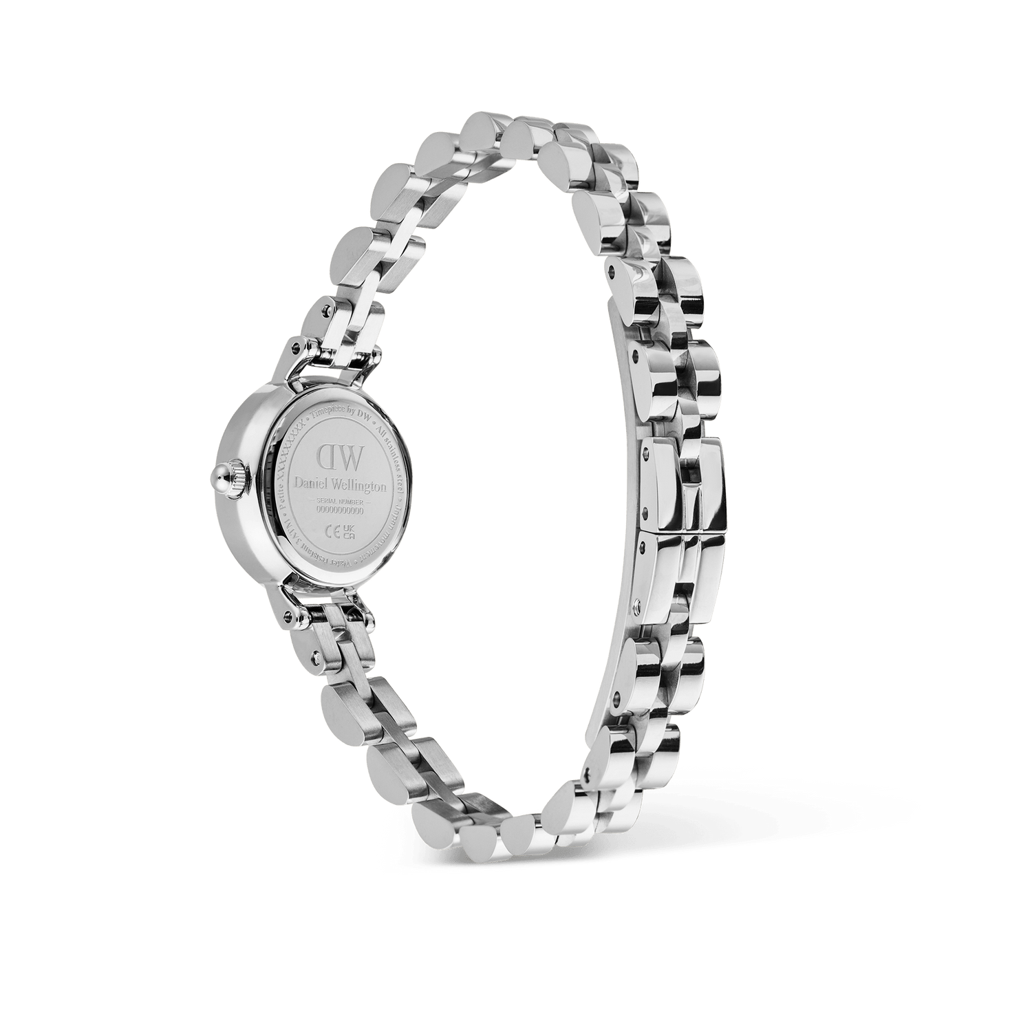 Rear view of the Petite Mini Arch 3-link White Silver watch showing the engraved case back and polished stainless steel three-link bracelet with a buttonless butterfly clasp.