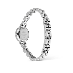 Rear view of the Petite Mini Arch 3-link White Silver watch showing the engraved case back and polished stainless steel three-link bracelet with a buttonless butterfly clasp.