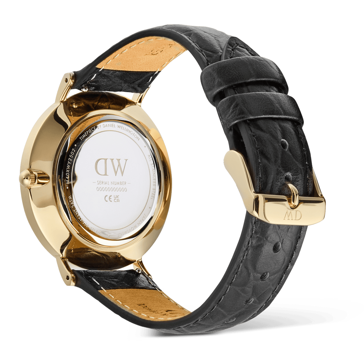 Rear view of the Daniel Wellington Classic Roman Numerals Date Black Croc Belly Gold men’s watch, showing the gold case, engraved case back, and black croc-embossed genuine leather strap with gold buckle.