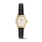 Petite gold women’s watch with a white guilloché dial, gold Roman numerals, and a black lizard grain leather strap, showcasing an elegant and refined design suitable for everyday wear.