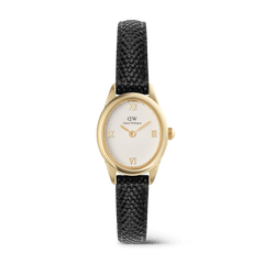 Petite gold women’s watch with a white guilloché dial, gold Roman numerals, and a black lizard grain leather strap, showcasing an elegant and refined design suitable for everyday wear.