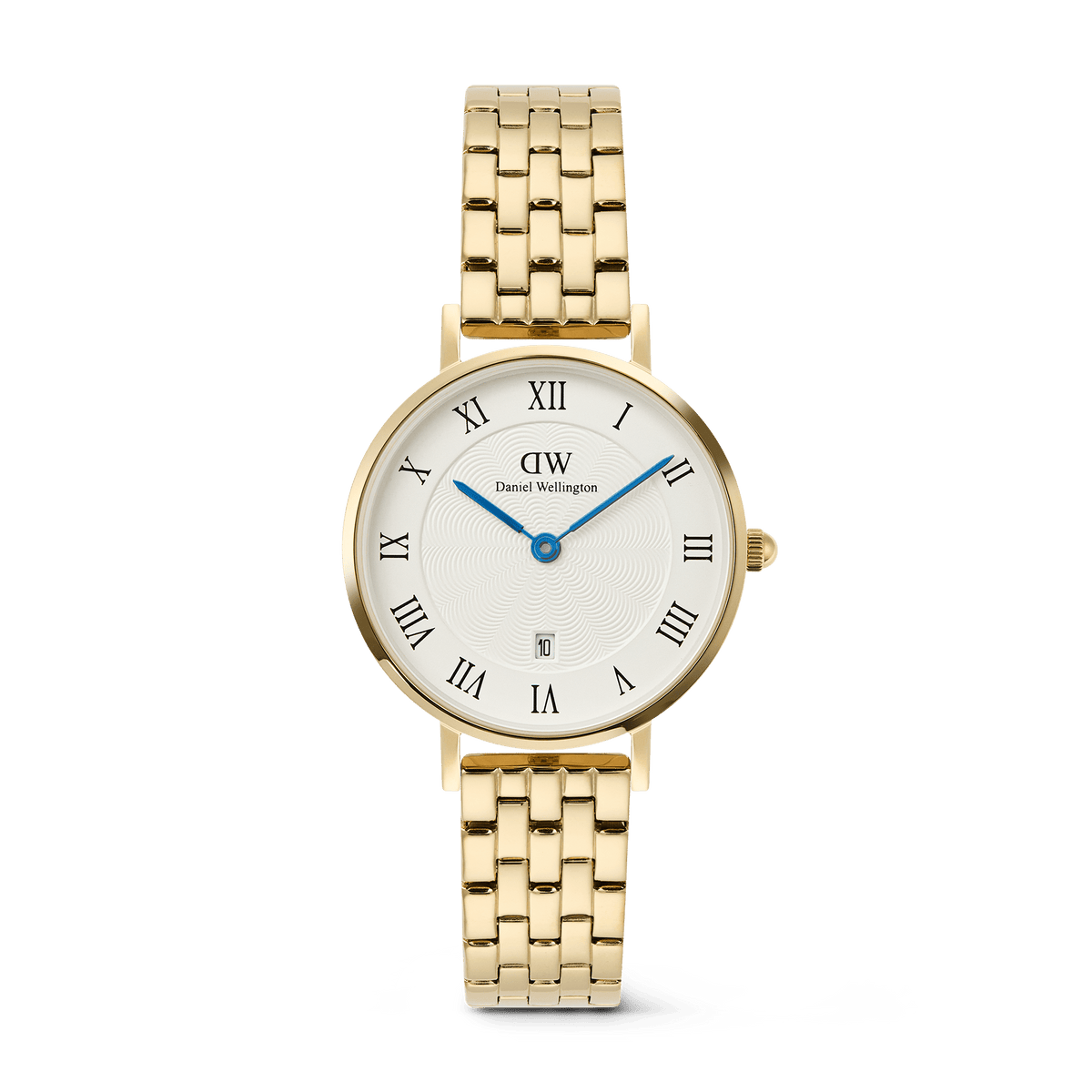 Petite Roman Numerals Date 5-link Gold ladies watch with a polished gold 5-link bracelet, white guilloché textured dial, blue hands, Roman numeral hour markers, and a date window at 6 o’clock.