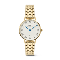 Petite Roman Numerals Date 5-link Gold ladies watch with a polished gold 5-link bracelet, white guilloché textured dial, blue hands, Roman numeral hour markers, and a date window at 6 o’clock.