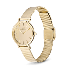 Daniel Wellington Petite Reflection Gold watch with a 28mm gold mirror dial, polished gold mesh strap, and adjustable clasp, shown in a side profile to highlight its minimalist design and refined finish.