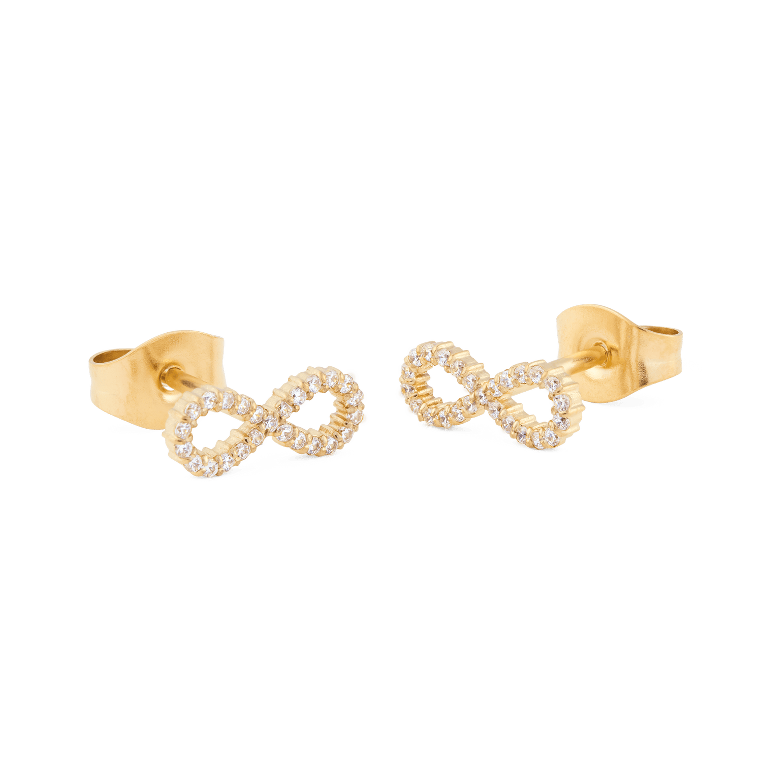 Mirelle Infinity Earring Gold studs with a modern infinity design, featuring petite white cubic zirconia crystals set in gold-plated stainless steel and secure butterfly backs.