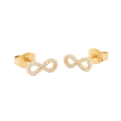 Mirelle Infinity Earring Gold studs with a modern infinity design, featuring petite white cubic zirconia crystals set in gold-plated stainless steel and secure butterfly backs.