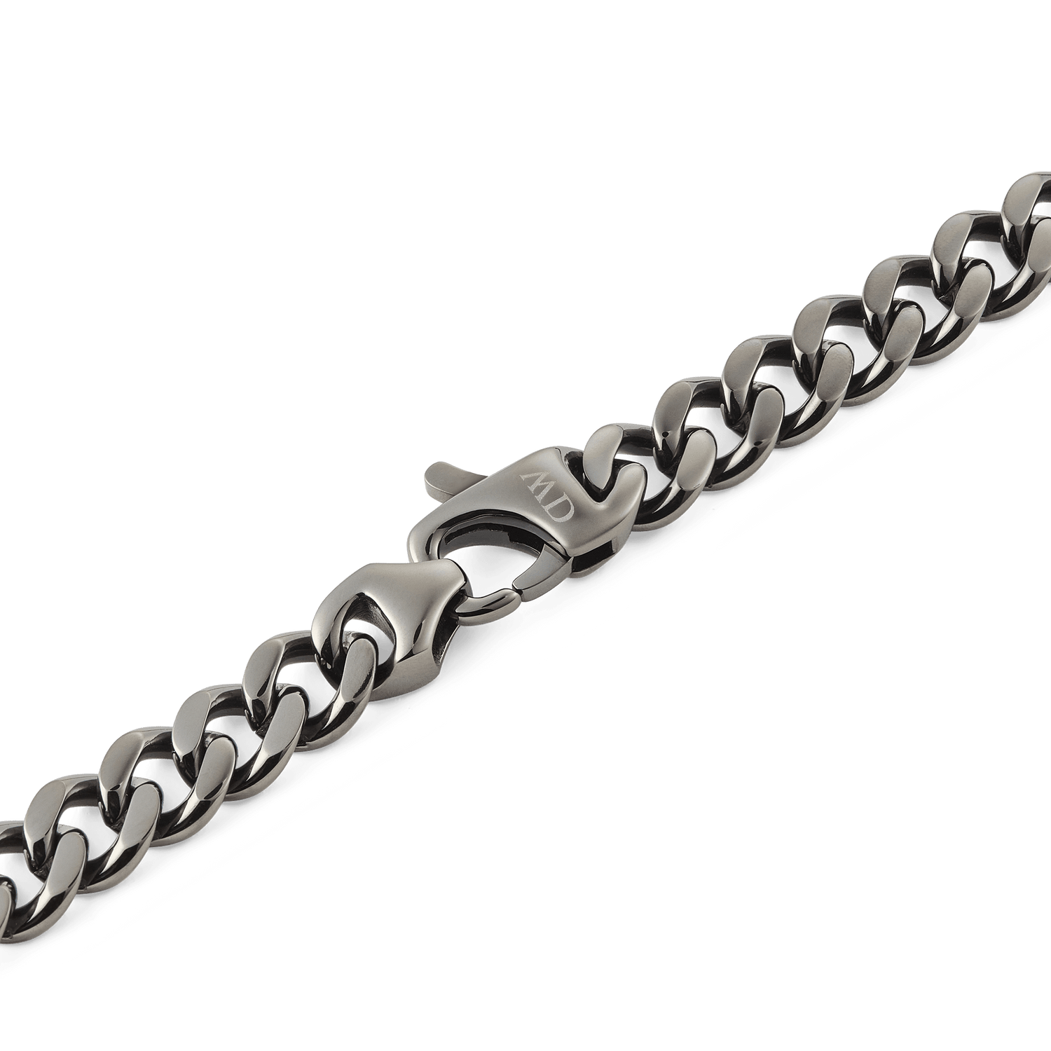 Detail of the Ellipse Cuban Chain Necklace Graphite showing the robust lobster clasp and chunky Cuban links in a matte graphite finish.
