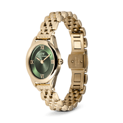 Ophelia Mini Emerald Gold watch with an oval emerald green sunray dial, gold Roman numerals, and a polished gold beans link bracelet featuring a butterfly clasp.