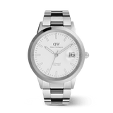 Men’s Daniel Wellington Iconic Link Automatic Silver watch with a polished stainless steel link bracelet, white enamel dial, luminous markers, and a magnified date display at 3 o’clock.