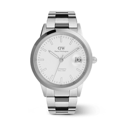 Men’s Daniel Wellington Iconic Link Automatic Silver watch with a polished stainless steel link bracelet, white enamel dial, luminous markers, and a magnified date display at 3 o’clock.