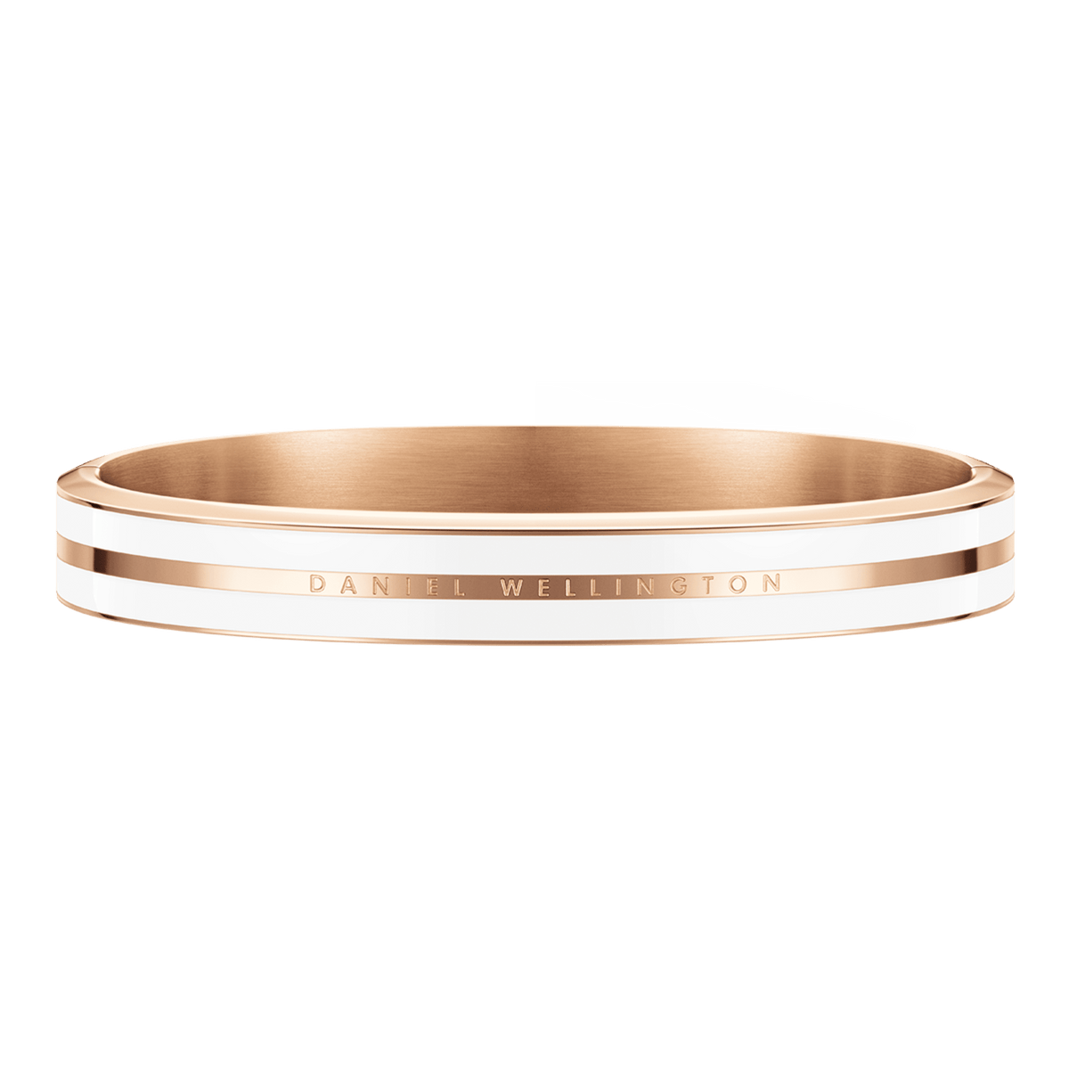 Emalie Infinite Rose Gold Satin White bangle with a wide rose gold band, crisp white enamel detailing, and a discreet engraved logo, offering a sleek and contemporary jewellery style.