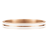 Emalie Infinite Rose Gold Satin White bangle with a wide rose gold band, crisp white enamel detailing, and a discreet engraved logo, offering a sleek and contemporary jewellery style.