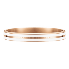 Emalie Infinite Rose Gold Satin White bangle with a wide rose gold band, crisp white enamel detailing, and a discreet engraved logo, offering a sleek and contemporary jewellery style.