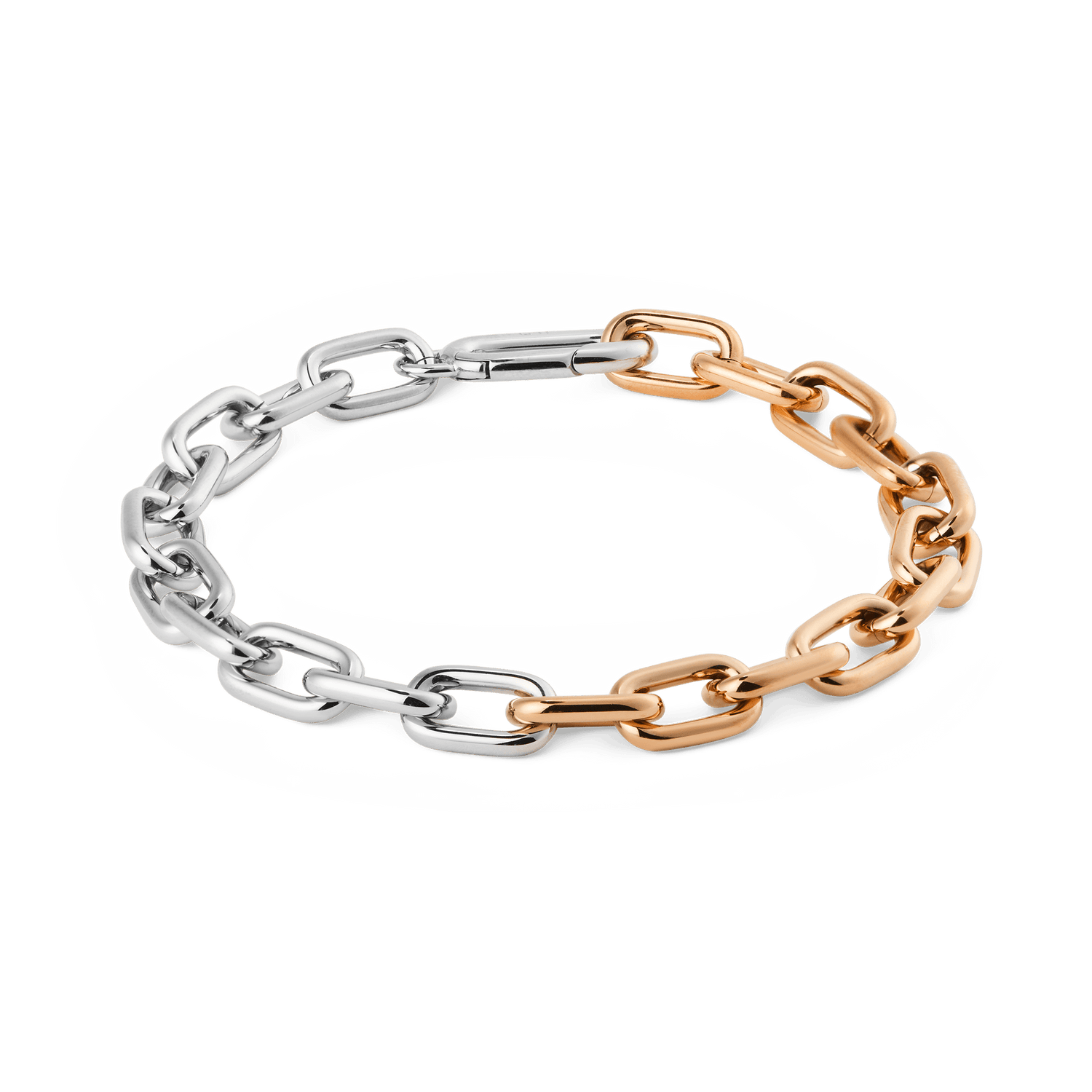 Contrast Link Bracelet Two Tone Rose Gold featuring alternating polished silver and rose gold squared links in a modern chain design, crafted from stainless steel with a secure invisible lock.