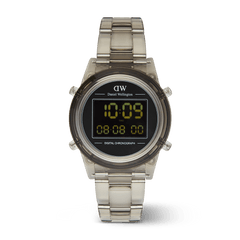 Retro Digital Light Grey Light Grey watch with a transparent light grey stainless steel strap, round case, and a clear digital display showing time, date, and chronograph features.