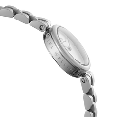 Side view of the Elan Lumine Silver ladies watch, showcasing the engraved stainless steel case, three-link bracelet, and minimalist crystal dial.