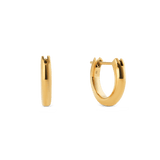 Small gold hoop earrings with a softly rounded arch design and high-shine finish, shown from the side and front to highlight their minimalist style and secure pin closure.