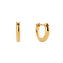 Small gold hoop earrings with a softly rounded arch design and high-shine finish, shown from the side and front to highlight their minimalist style and secure pin closure.
