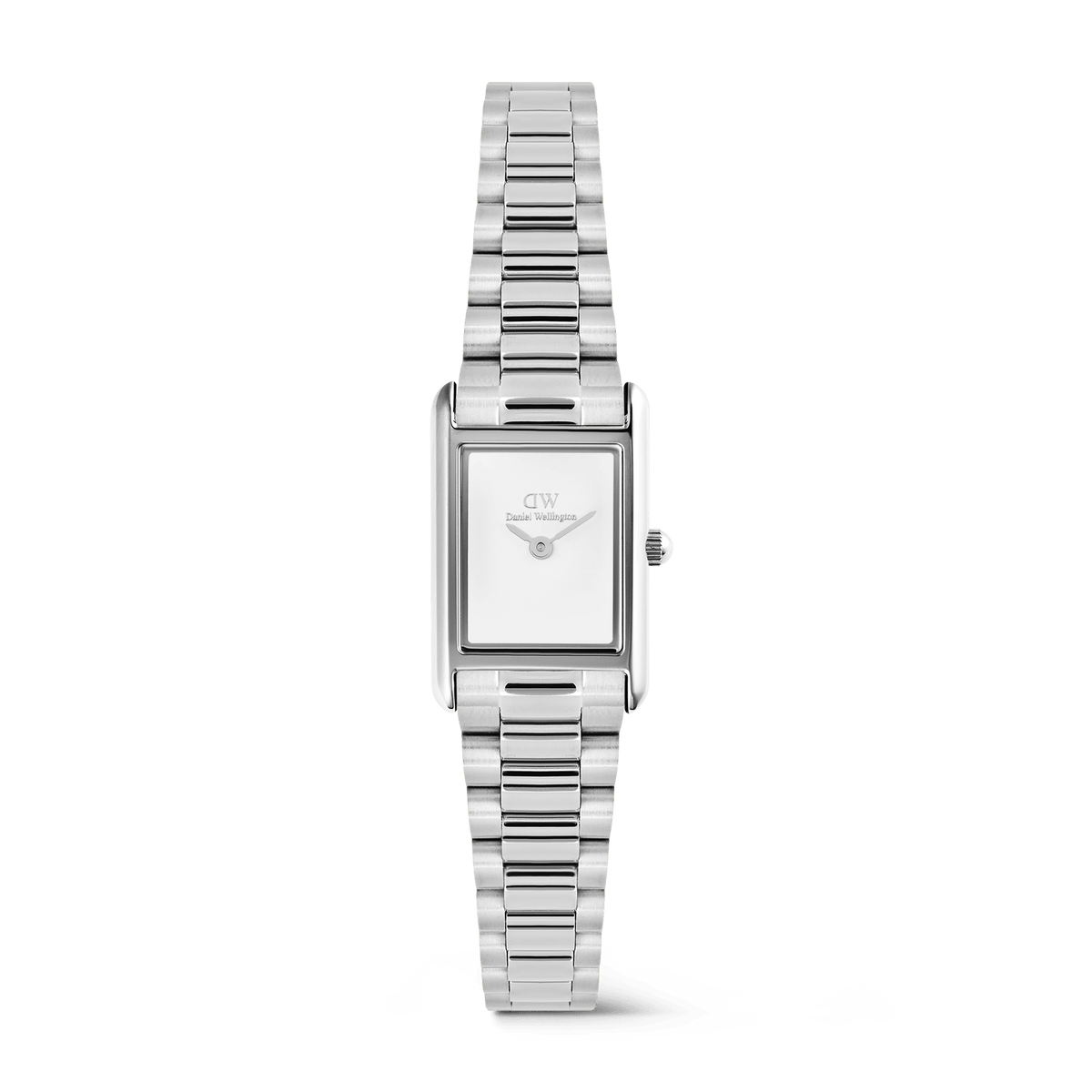 Rectangular Daniel Wellington Bound Mini 3-Link Silver watch with a minimalist white dial, polished silver case, and slim 3-link stainless steel bracelet, designed for women seeking a refined and versatile accessory.