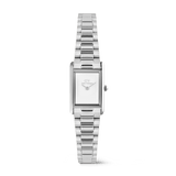 Rectangular Daniel Wellington Bound Mini 3-Link Silver watch with a minimalist white dial, polished silver case, and slim 3-link stainless steel bracelet, designed for women seeking a refined and versatile accessory.