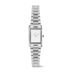 Rectangular Daniel Wellington Bound Mini 3-Link Silver watch with a minimalist white dial, polished silver case, and slim 3-link stainless steel bracelet, designed for women seeking a refined and versatile accessory.